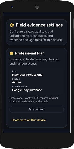 Field Bundle Professional access and company activation settings