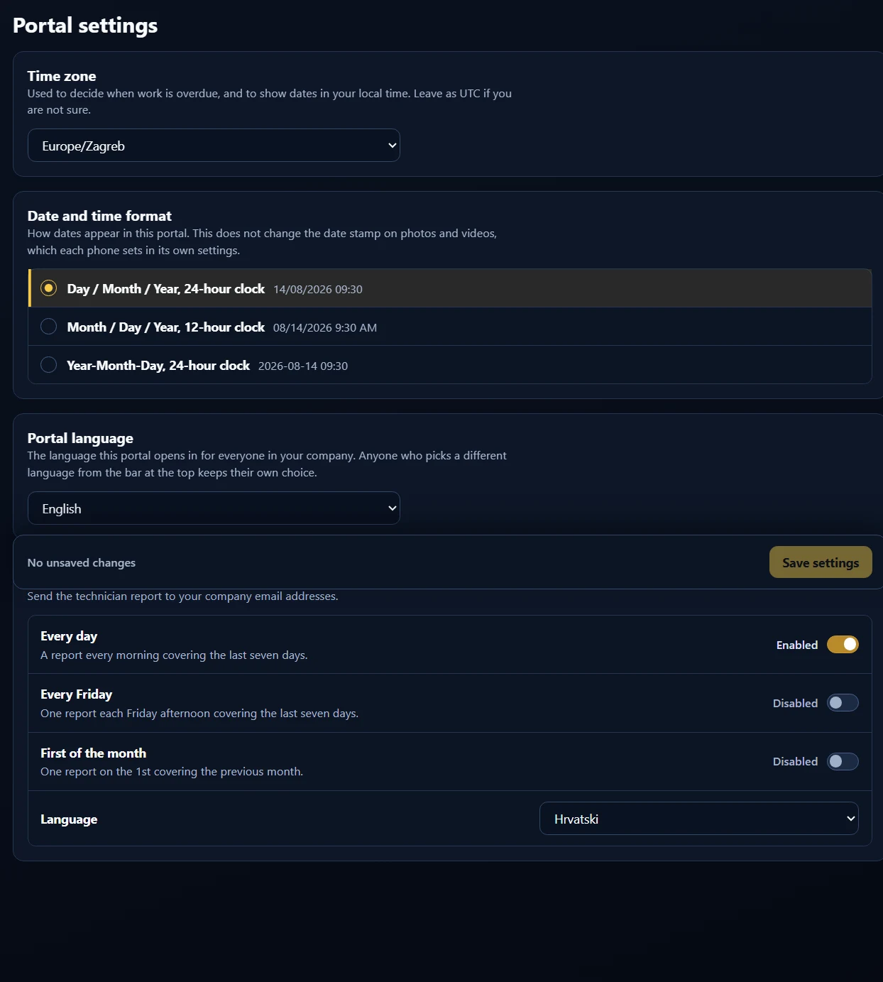 Portal settings · locale and company email notification preferences