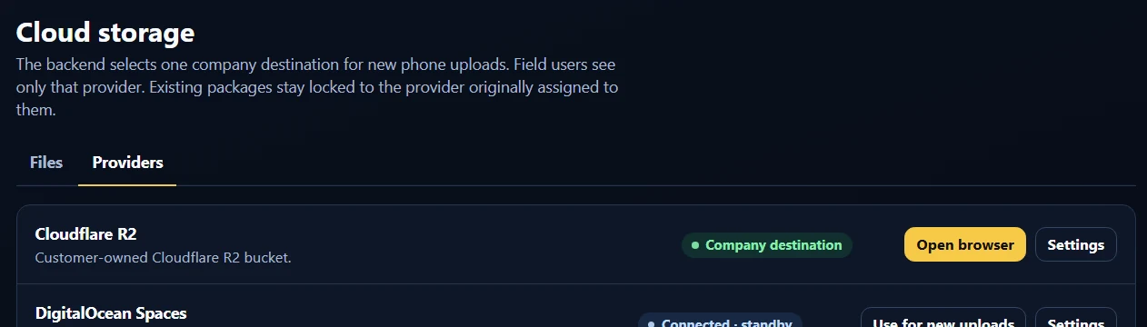 Storage configuration · selected upload destination